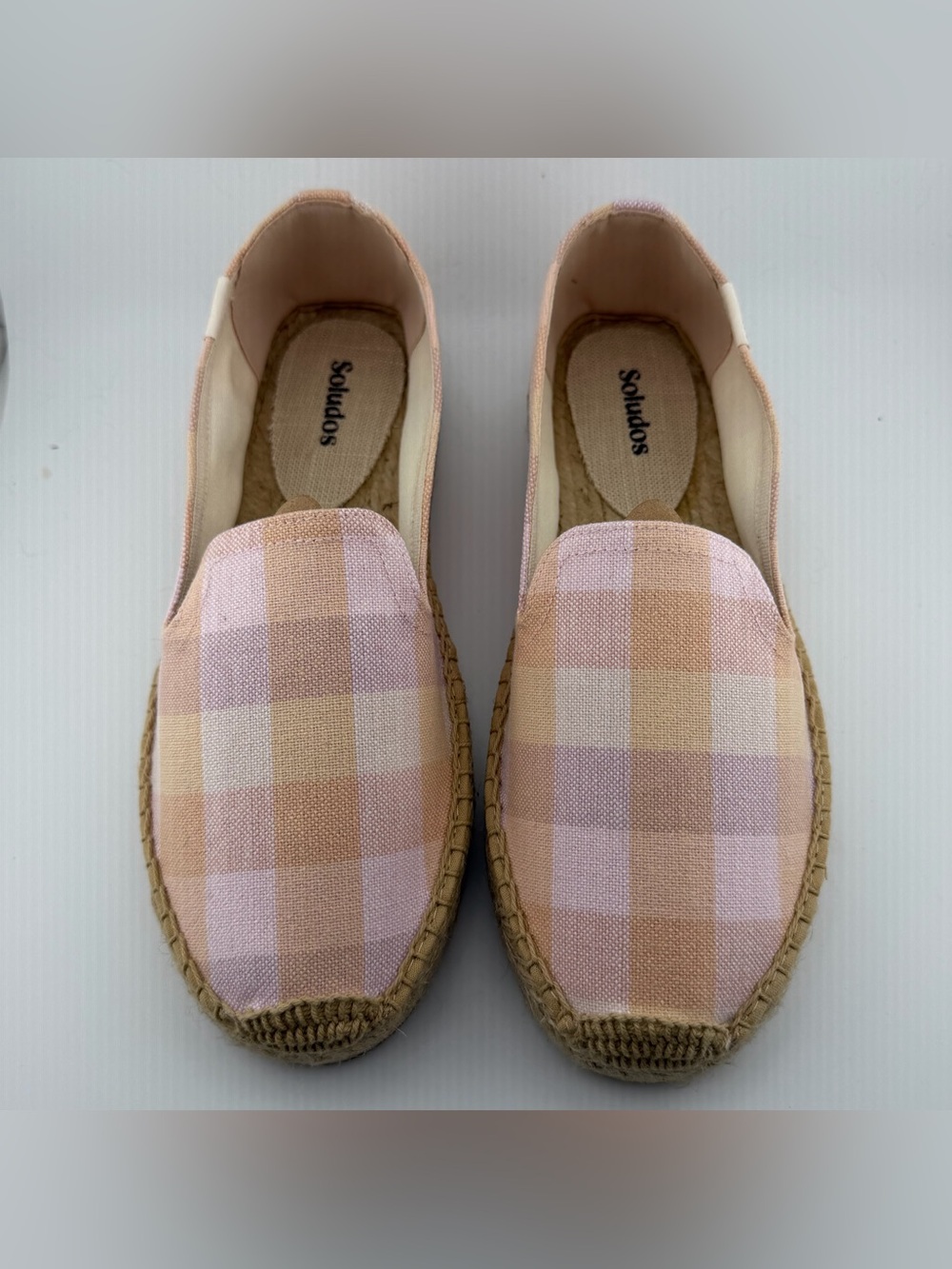 Soludos Pink and Tan Plaid Espadrille Slip-Ons